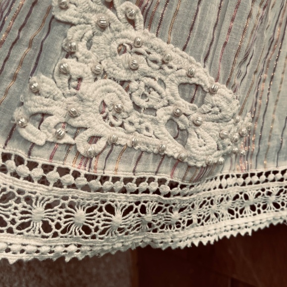 Chloe Laetitia Paris L Peasant Striped Gauze Romper Lace  Crochet Off Shoulder - Picture 5 of 16